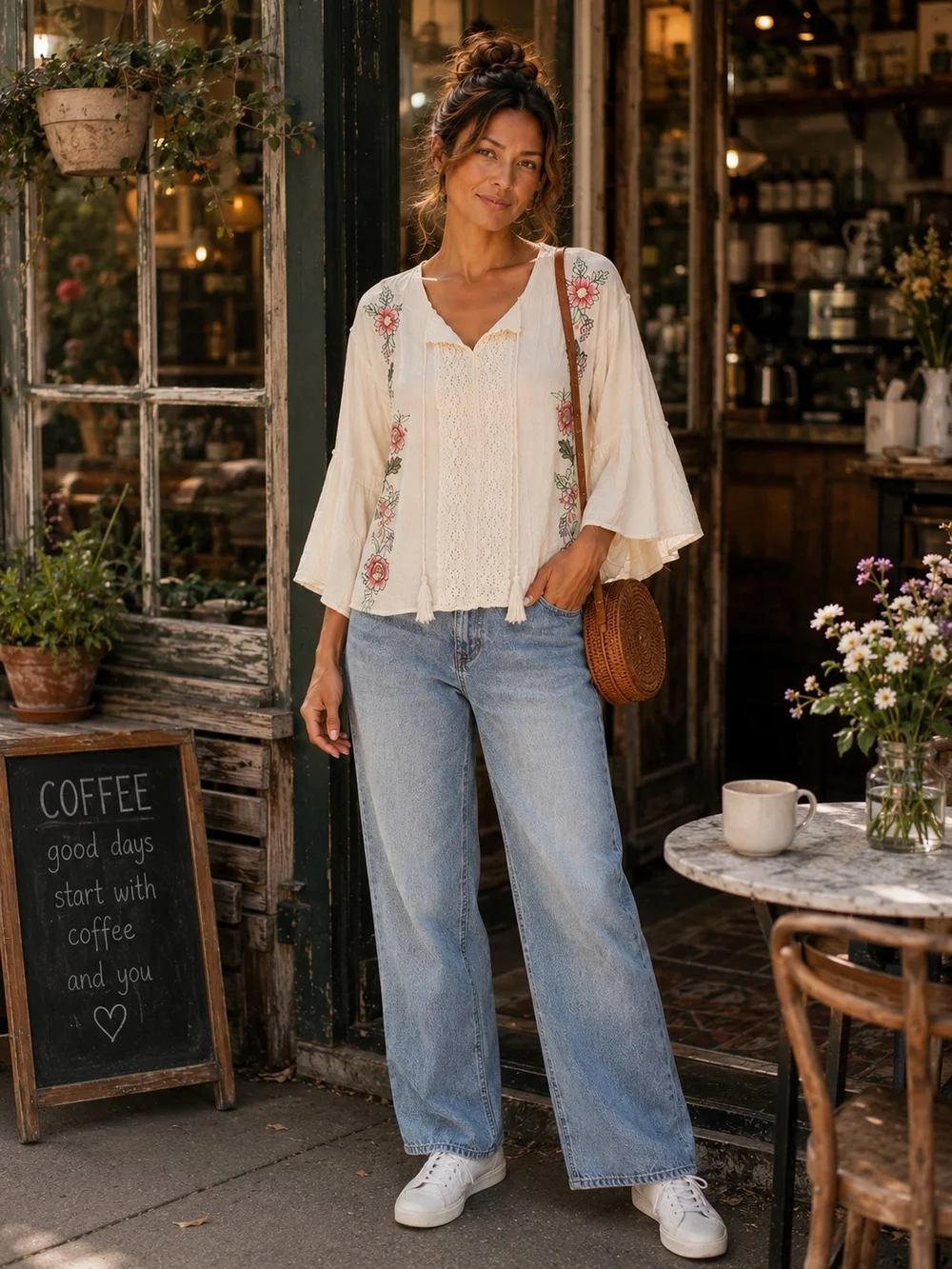 Blue Rain Ivory Embroidered Boho Peasant Blouse | Crochet Lace Tassel Tie Top